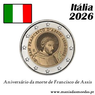 Moeda 2€ Itália 2026 – Francesco de Assis – Pro – UNC