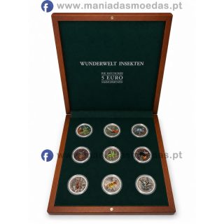 Caixa com coleção completa das 9 moedas Alemanha 5€ Insetos Caixa com coleção completa das 9 moedas Alemanha 5€ Insetos